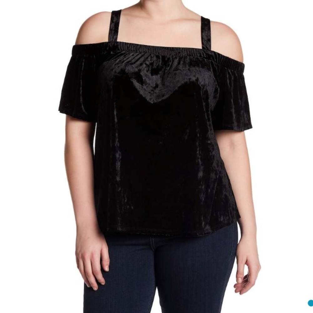 PLUS SIZE Black Velvet Cold Shoulder Top